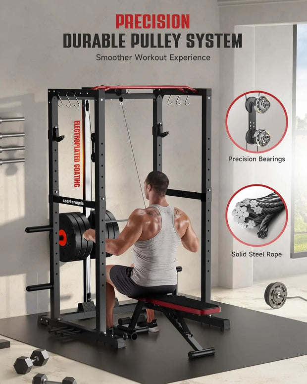 Power Cage,1600lbs Multi-Function Power Rack with Adjustable Cable Crossover System and More Training Attachment, Weight Cage fo